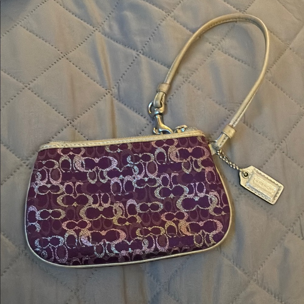 Coach Lurex Small Signature Purple And Silver Metallic Wristlet